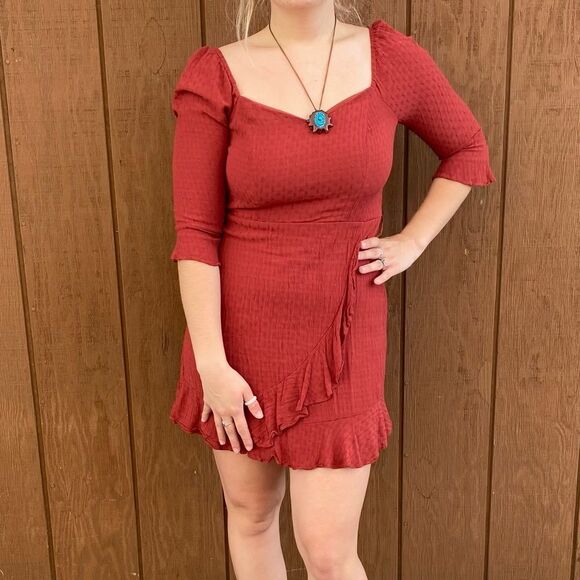 City Vibe Burnt Orange Quarter Sleeve Ruffled Layered Mini Dress - Picture 3 of 11